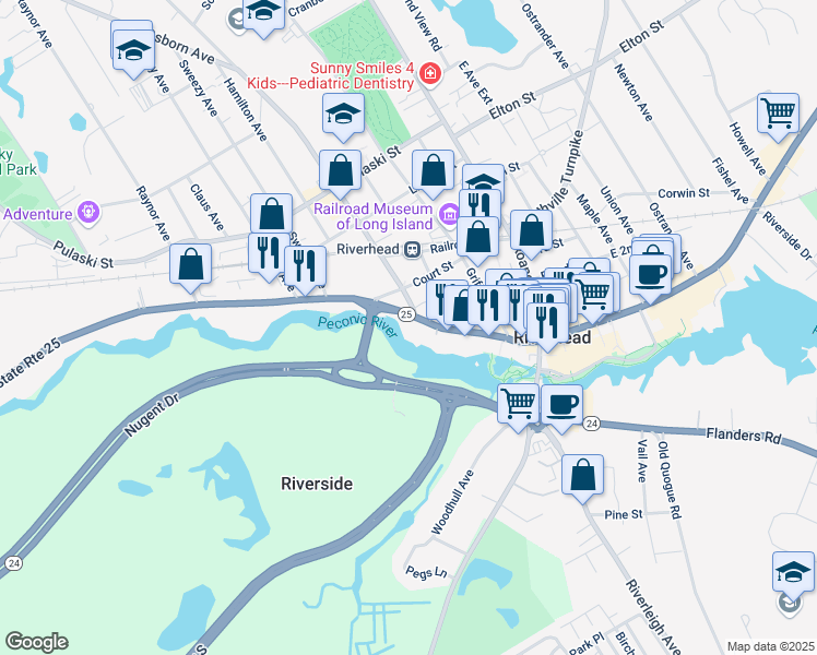 map of restaurants, bars, coffee shops, grocery stores, and more near 305 West Main Street in Riverhead