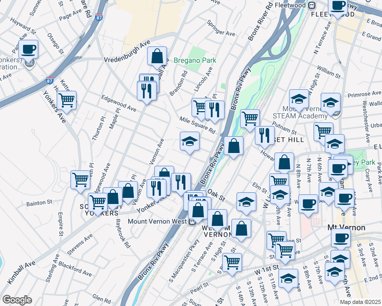 map of restaurants, bars, coffee shops, grocery stores, and more near 59 Crescent Place in Yonkers