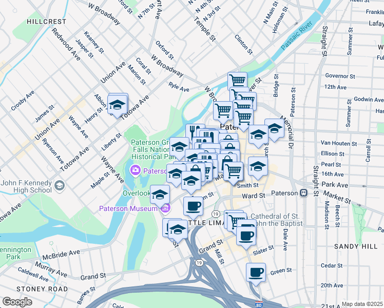 map of restaurants, bars, coffee shops, grocery stores, and more near 15 Van Houten Street in Paterson