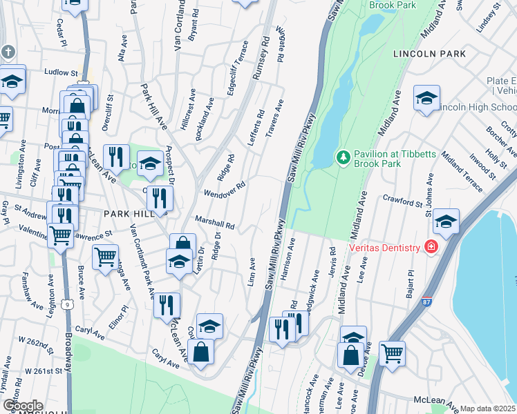 map of restaurants, bars, coffee shops, grocery stores, and more near 44 Ritchie Drive in Yonkers