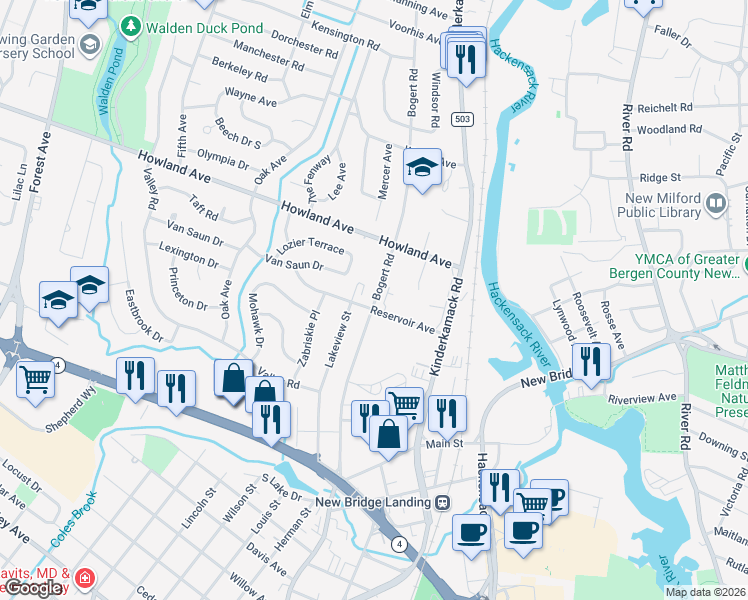 map of restaurants, bars, coffee shops, grocery stores, and more near 207 Bogert Road in River Edge
