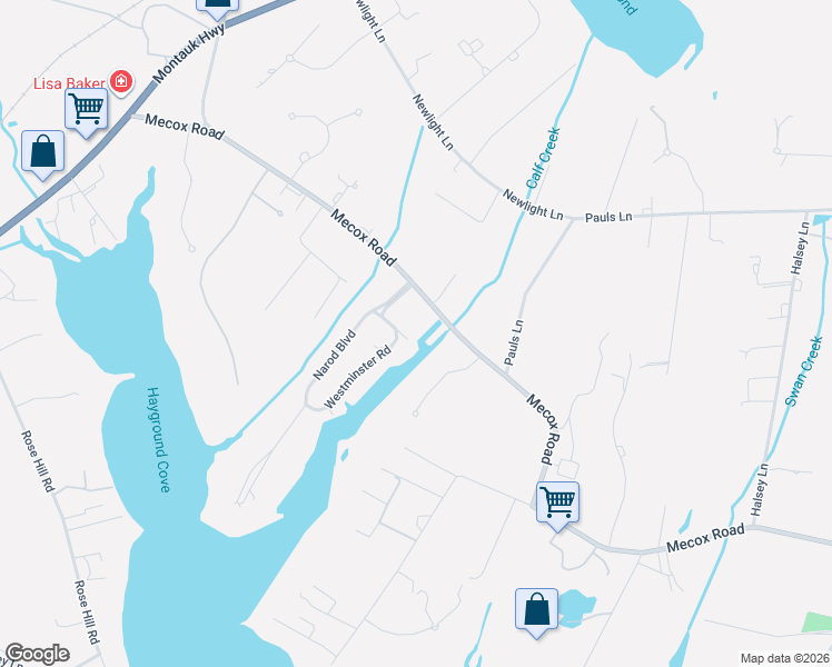map of restaurants, bars, coffee shops, grocery stores, and more near 54 Huntington Lane in Water Mill