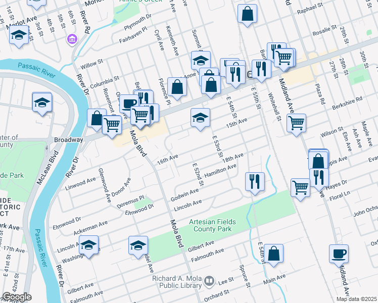 map of restaurants, bars, coffee shops, grocery stores, and more near 57 16th Avenue in Elmwood Park
