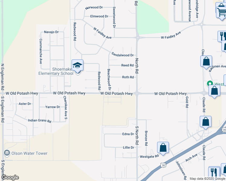 map of restaurants, bars, coffee shops, grocery stores, and more near 4066 West Old Potash Highway in Grand Island