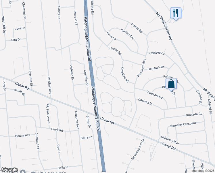map of restaurants, bars, coffee shops, grocery stores, and more near 137 Ira Road in Mount Sinai
