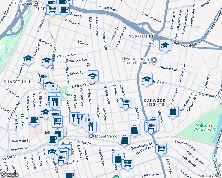 map of restaurants, bars, coffee shops, grocery stores, and more near 162 Summit Avenue in Mount Vernon