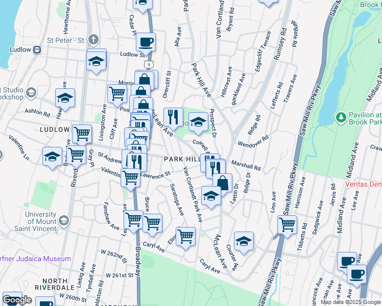 map of restaurants, bars, coffee shops, grocery stores, and more near 117 McLean Avenue in Yonkers