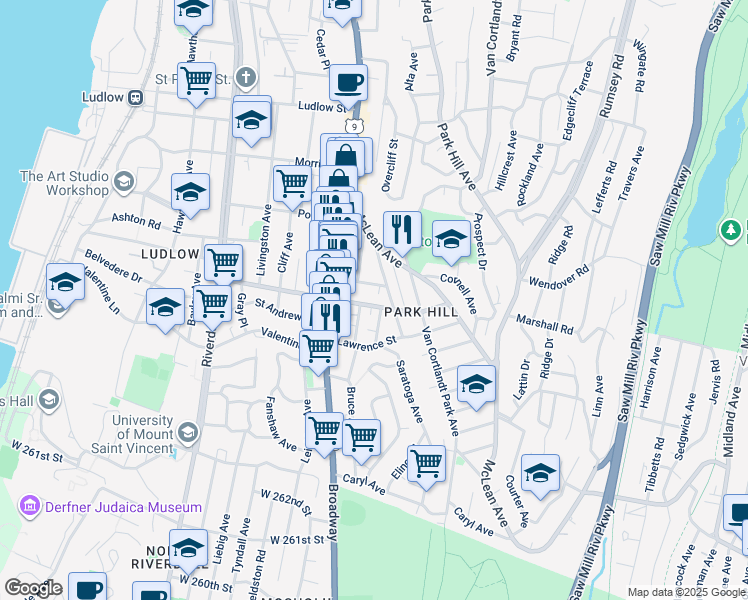 map of restaurants, bars, coffee shops, grocery stores, and more near 36 Radford Street in Yonkers
