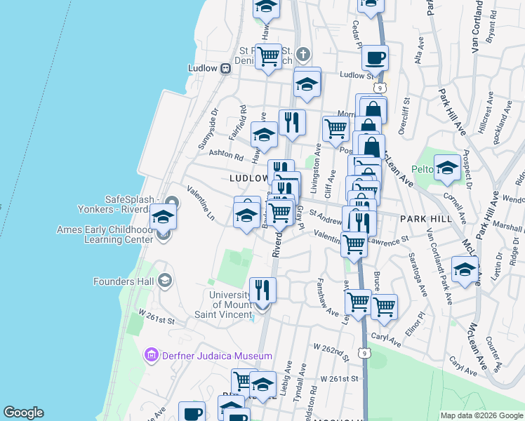 map of restaurants, bars, coffee shops, grocery stores, and more near 132 Valentine Lane in Yonkers