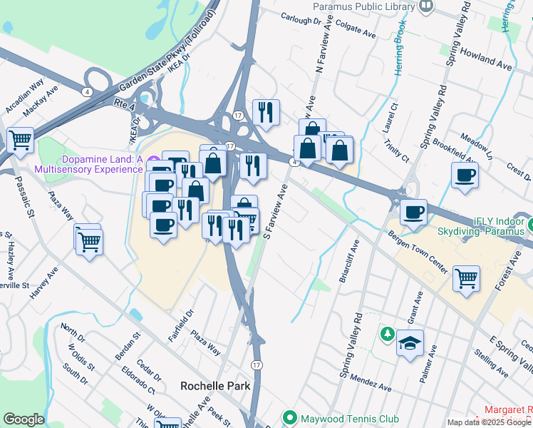 map of restaurants, bars, coffee shops, grocery stores, and more near 45 South Farview Avenue in Paramus