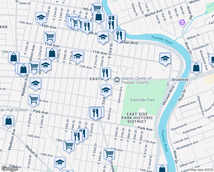map of restaurants, bars, coffee shops, grocery stores, and more near 56-58 13th Avenue in Paterson