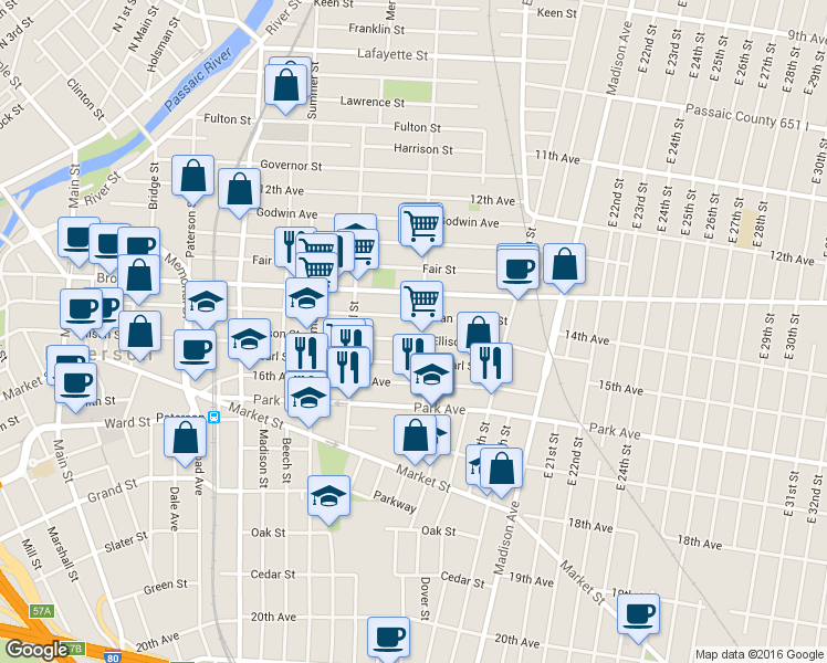 map of restaurants, bars, coffee shops, grocery stores, and more near 396 Ellison Street in Paterson