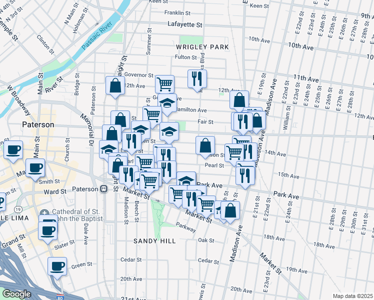map of restaurants, bars, coffee shops, grocery stores, and more near 396 Ellison Street in Paterson