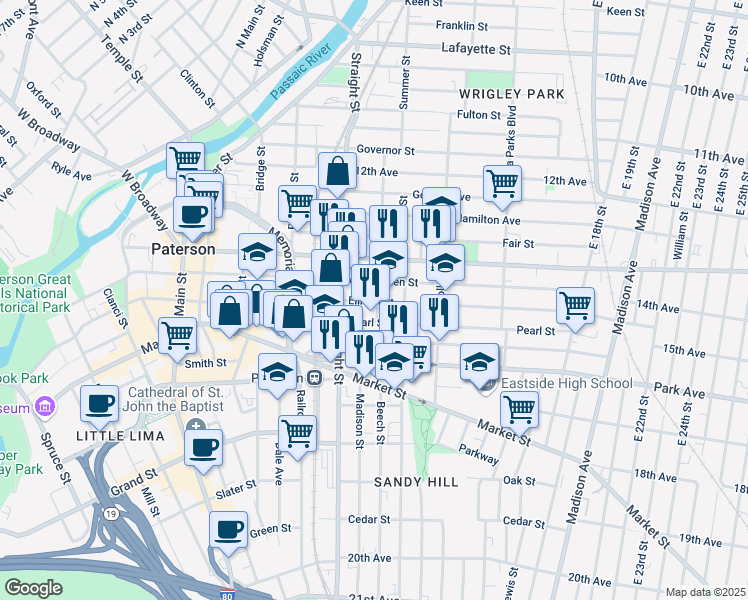 map of restaurants, bars, coffee shops, grocery stores, and more near 139 Auburn Street in Paterson