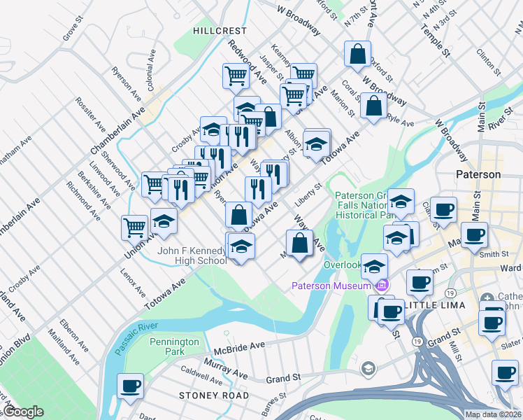 map of restaurants, bars, coffee shops, grocery stores, and more near 307 Totowa Avenue in Paterson