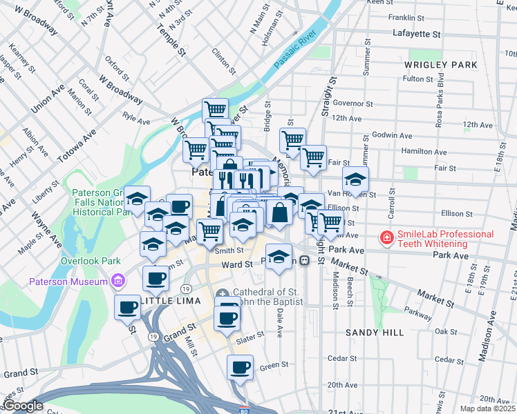 map of restaurants, bars, coffee shops, grocery stores, and more near 35 Church Street in Paterson