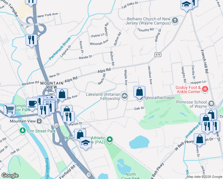map of restaurants, bars, coffee shops, grocery stores, and more near 70 Brandon Avenue in Wayne