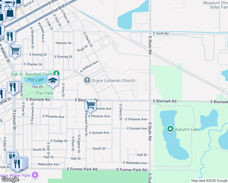 map of restaurants, bars, coffee shops, grocery stores, and more near 656 South Cherry Street in Grand Island