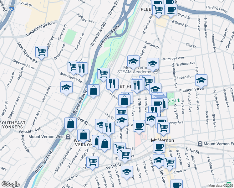 map of restaurants, bars, coffee shops, grocery stores, and more near 26 Howard Street in Mount Vernon