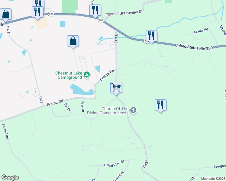map of restaurants, bars, coffee shops, grocery stores, and more near 759 Frable Road in Brodheadsville