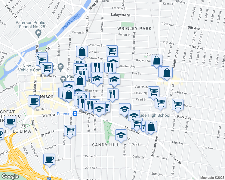 map of restaurants, bars, coffee shops, grocery stores, and more near 190 Carroll Street in Paterson