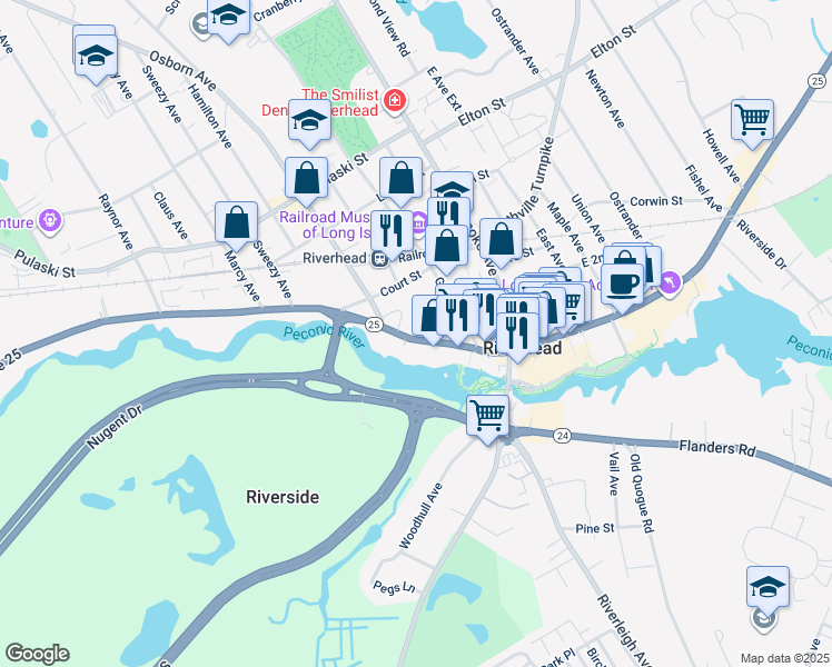 map of restaurants, bars, coffee shops, grocery stores, and more near 209 West Main Street in Riverhead