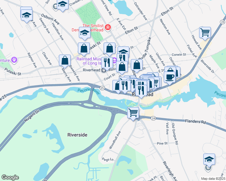 map of restaurants, bars, coffee shops, grocery stores, and more near 209 West Main Street in Riverhead