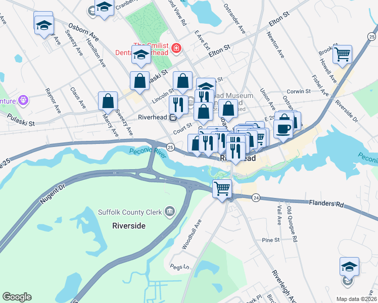 map of restaurants, bars, coffee shops, grocery stores, and more near 230 West Main Street in Riverhead