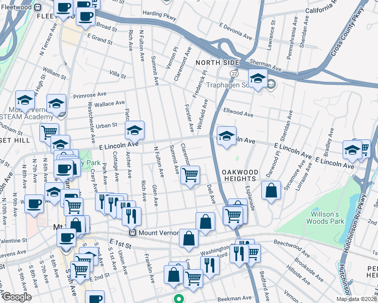 map of restaurants, bars, coffee shops, grocery stores, and more near 153 Claremont Avenue in Mount Vernon