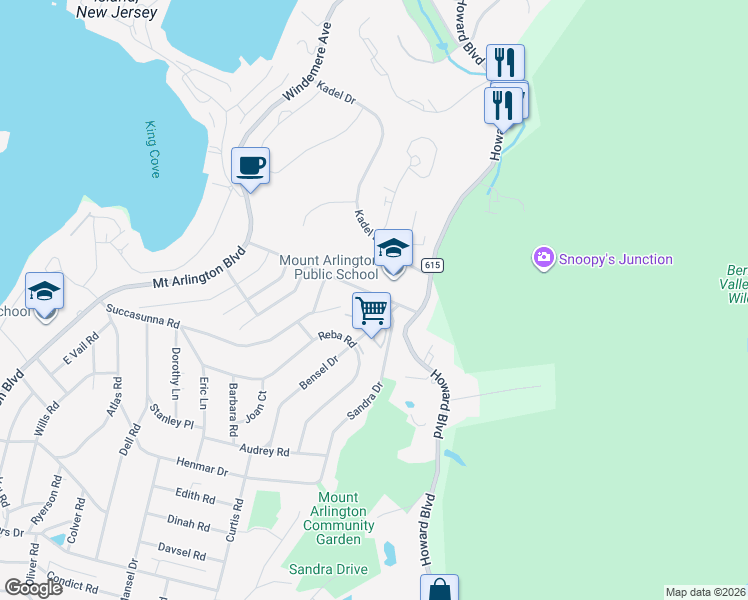 map of restaurants, bars, coffee shops, grocery stores, and more near 67 Oneida Avenue in Roxbury Township