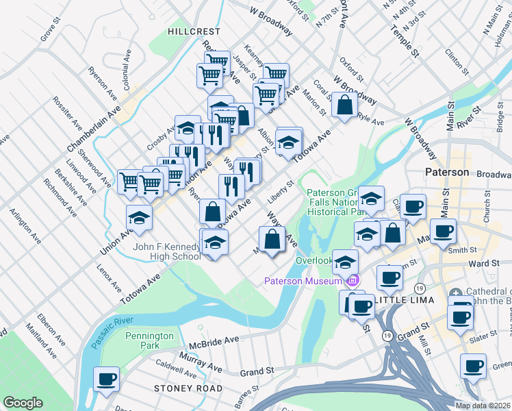 map of restaurants, bars, coffee shops, grocery stores, and more near 83 Wayne Avenue in Paterson