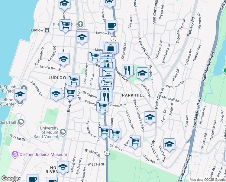 map of restaurants, bars, coffee shops, grocery stores, and more near 68 Radford Street in Yonkers