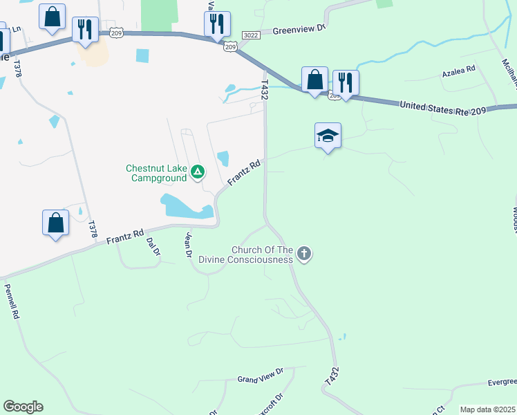map of restaurants, bars, coffee shops, grocery stores, and more near 759 Frable Road in Brodheadsville