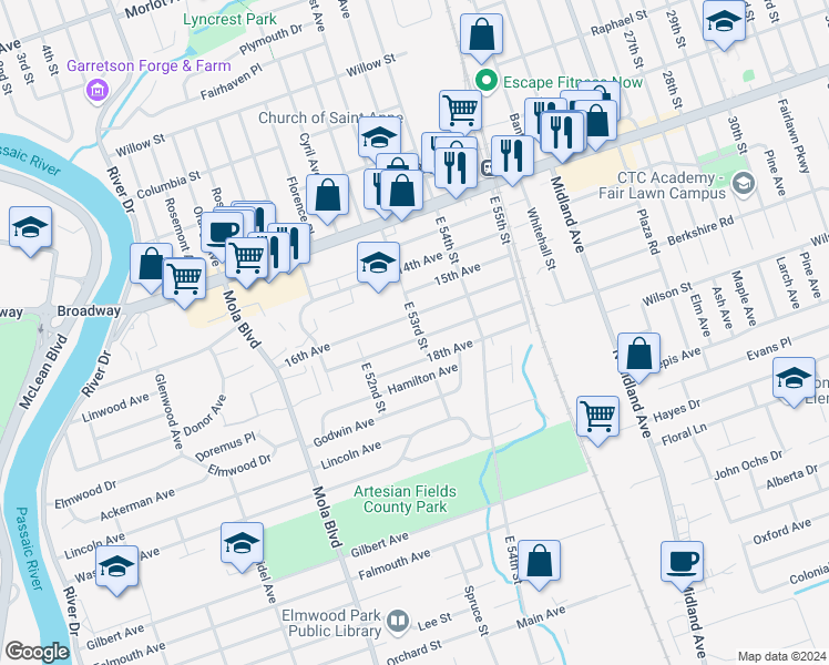 map of restaurants, bars, coffee shops, grocery stores, and more near 79 17th Avenue in Elmwood Park