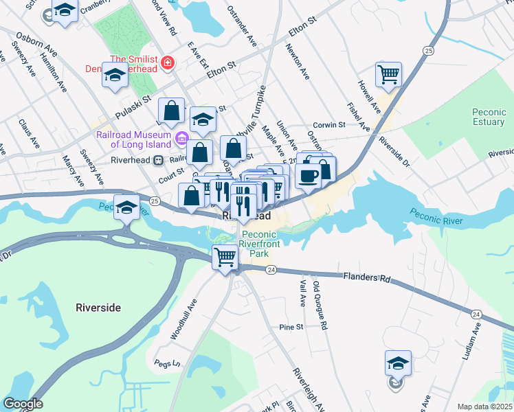 map of restaurants, bars, coffee shops, grocery stores, and more near in Riverhead