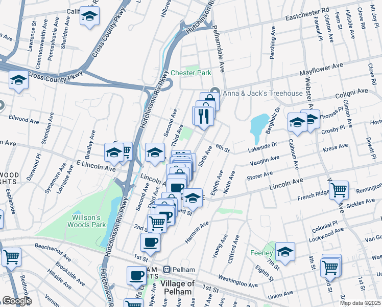 map of restaurants, bars, coffee shops, grocery stores, and more near 400 Fourth Avenue in Village of Pelham