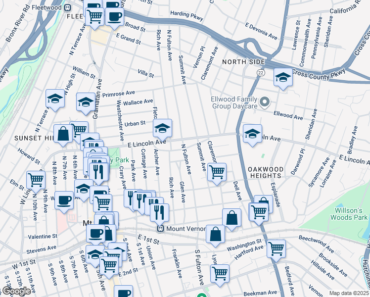 map of restaurants, bars, coffee shops, grocery stores, and more near 11 Willow Place in Mount Vernon