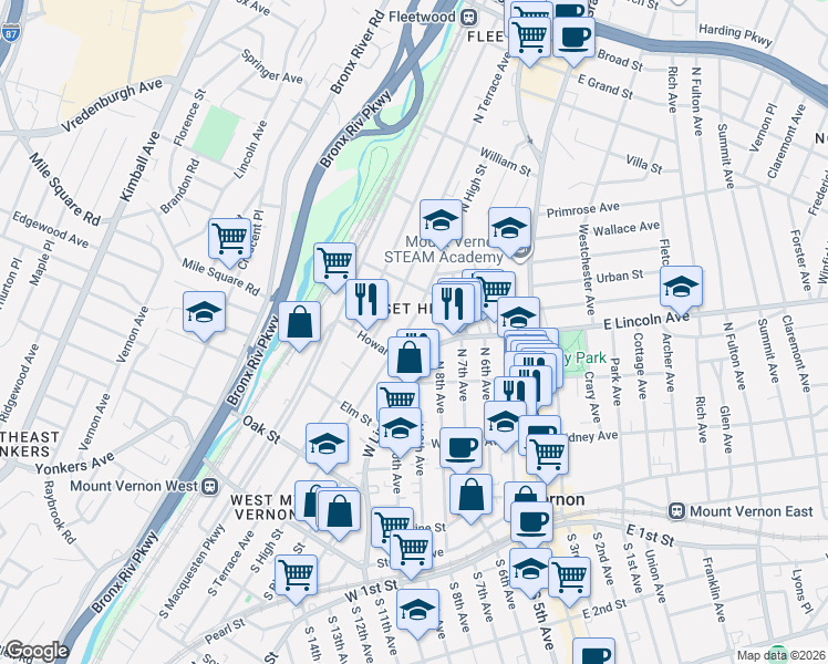 map of restaurants, bars, coffee shops, grocery stores, and more near 100 West Lincoln Avenue in Mount Vernon