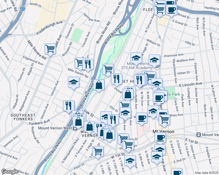 map of restaurants, bars, coffee shops, grocery stores, and more near 237 North MacQuesten Parkway in Mount Vernon