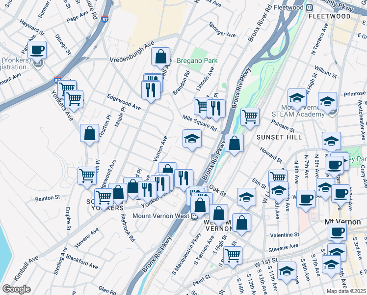 map of restaurants, bars, coffee shops, grocery stores, and more near 54 Villa Avenue in Yonkers