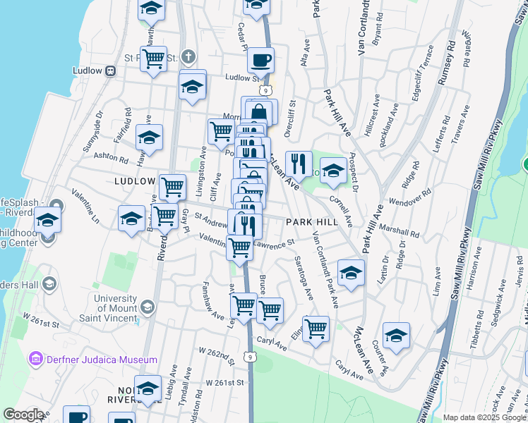 map of restaurants, bars, coffee shops, grocery stores, and more near 68 Radford Street in Yonkers