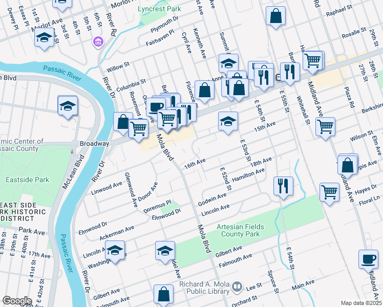 map of restaurants, bars, coffee shops, grocery stores, and more near 1-23B 16th Avenue in Elmwood Park
