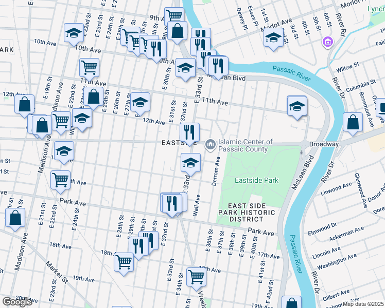 map of restaurants, bars, coffee shops, grocery stores, and more near 56-58 13th Avenue in Paterson