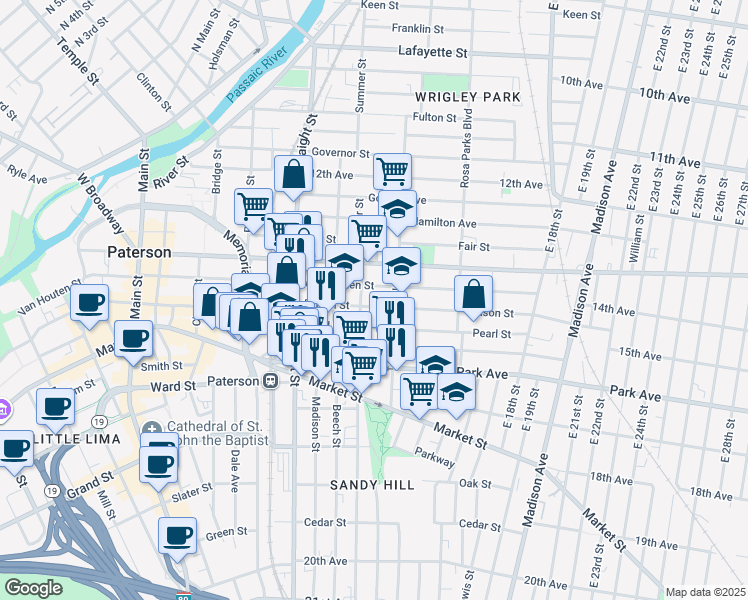 map of restaurants, bars, coffee shops, grocery stores, and more near in Paterson