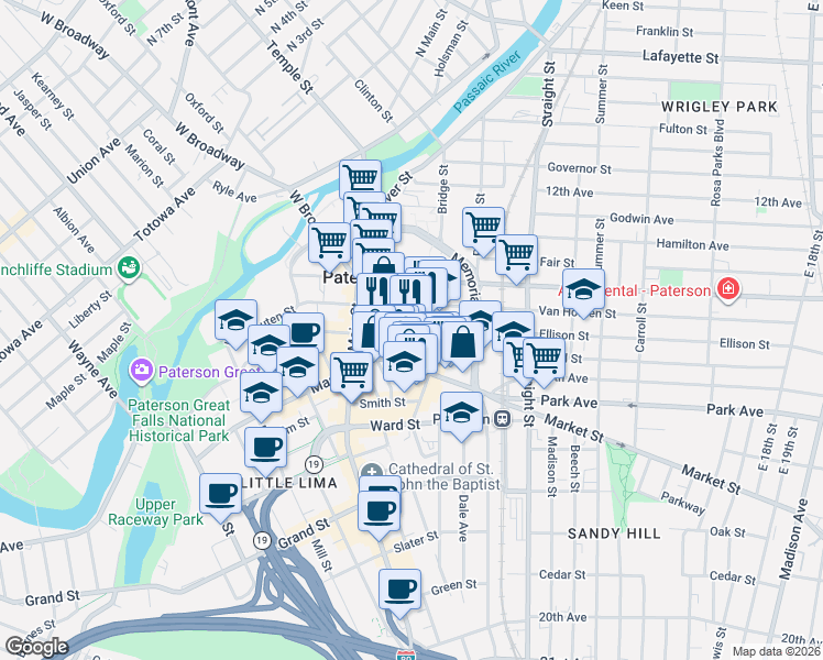 map of restaurants, bars, coffee shops, grocery stores, and more near 44 Church Street in Paterson