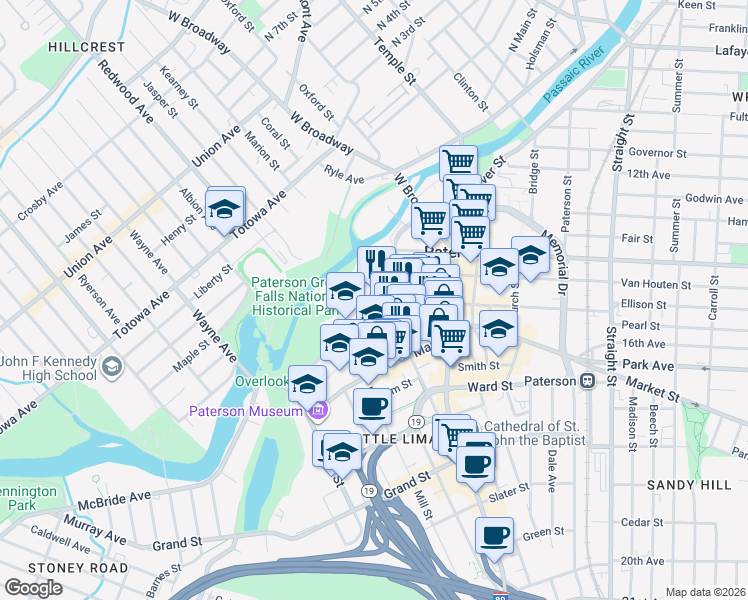 map of restaurants, bars, coffee shops, grocery stores, and more near 31 Ellison Street in Paterson