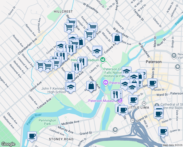 map of restaurants, bars, coffee shops, grocery stores, and more near 58 Wayne Avenue in Paterson