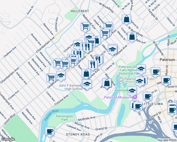map of restaurants, bars, coffee shops, grocery stores, and more near 307 Totowa Avenue in Paterson