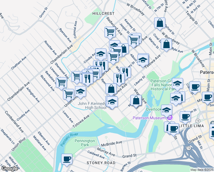 map of restaurants, bars, coffee shops, grocery stores, and more near 168 Preakness Avenue in Paterson