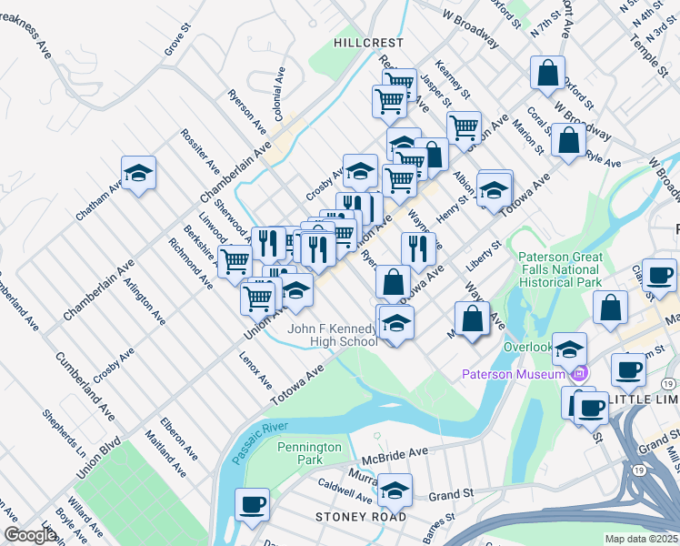 map of restaurants, bars, coffee shops, grocery stores, and more near 184 Edmund Avenue in Paterson